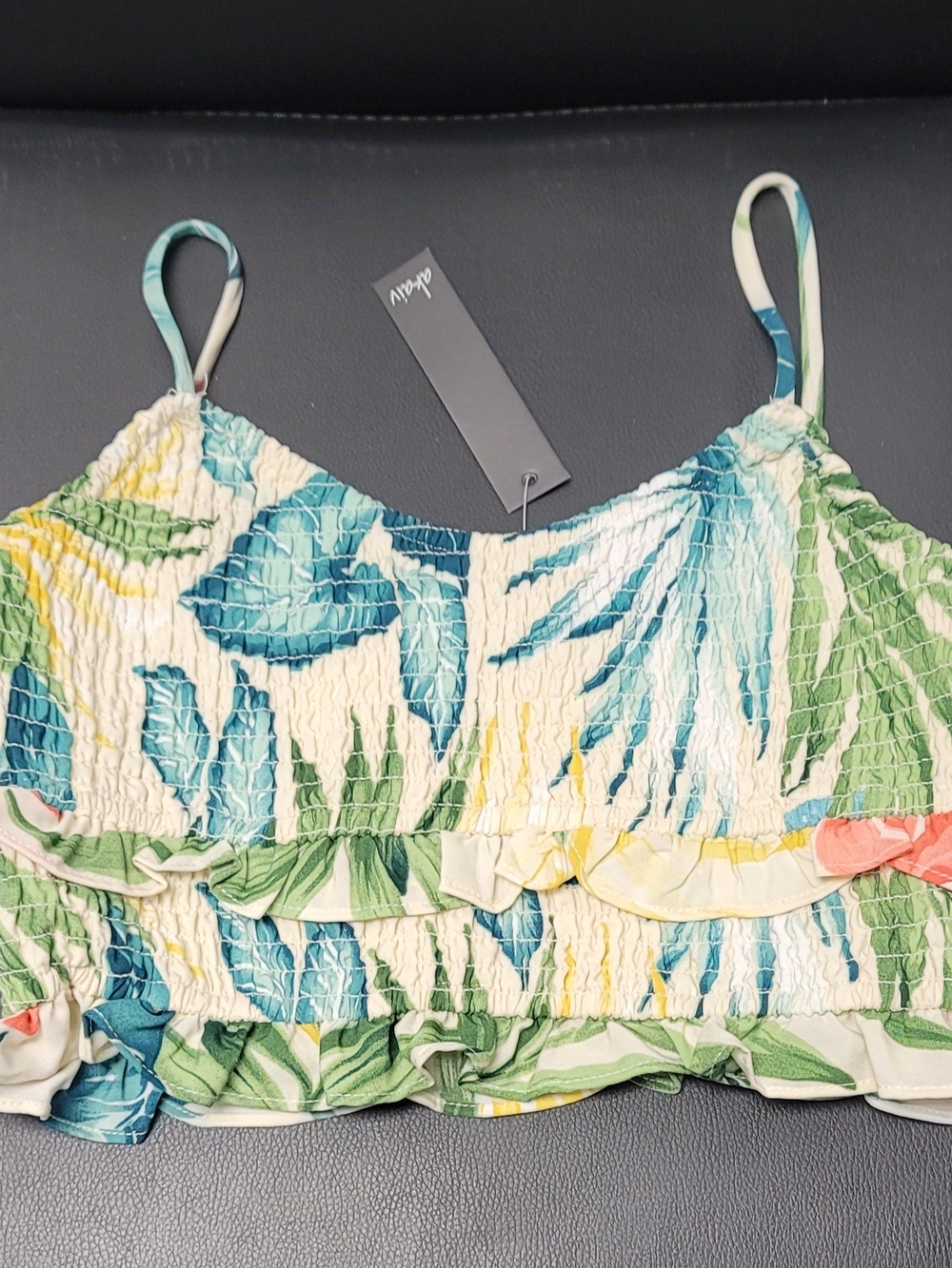 Smocked Tropical Leaf Ruffle Crop Top - Green/Blue